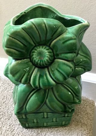 Rare Green Mccoy Art Pottery Sunflower & Leaves Tall 9.  5 " Vase No Chips / Cracks