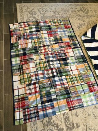 Pottery Barn Kids Madras Crib Quilt And Blackout Curtain Rare Boys Bedding 3