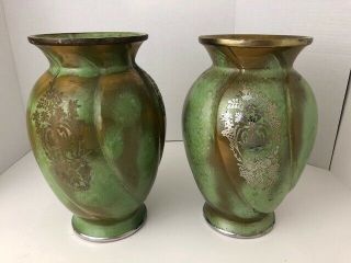 Two Rare Frankoma Circa 1940s Green Glaze Sterling Silver Overlay Vases Antique