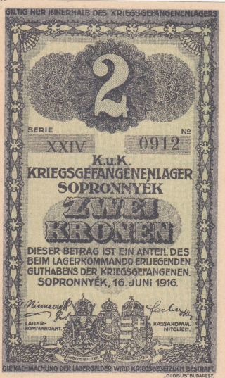 2 Korona/kronen Unc P.  O.  W.  Camp Note From Austro - Hungarian Monarchy 1916 Rare