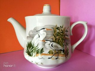 Rare Vintage Lomonosov Porcelain Factory Ussr Teapot Birds Herons Design 1950 