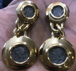 Rare Vintage Signed Carolee Roman Coin Gold Tone Dangle Drop Earrings 2 1/8 "