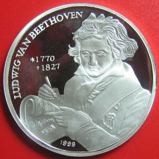 1999 KOREA 250 WON.  48oz SILVER PROOF BEETHOVEN COMPOSER PIANIST RARE COIN 35mm 2