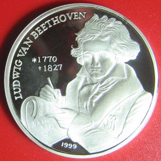 1999 KOREA 250 WON.  48oz SILVER PROOF BEETHOVEN COMPOSER PIANIST RARE COIN 35mm 4