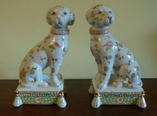 Flowered Staffordshire Style Dogs Sitting On Pillows.  Rare Bookends