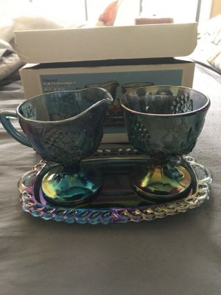 Vintage Indiana Iridescent Blue Carnival Glass Cream & Sugar Set With Rare Tray