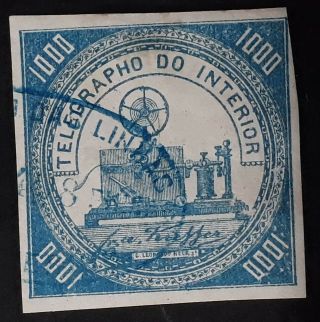 Rare 1869 Brazil 1000r Deep Dull Blue Internal Telegraph Stamp