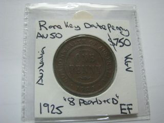 Australia 1925 Penny Low Mintage Rare Key Date Coin Kgv 8 Pearls Cd Extra Fine
