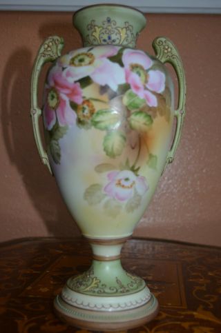 Gorgeous Rare Nippon 11 " Moriage Bolted Urn/vase Jeweled Floral Motif Mark 52