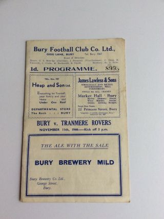 Bury V.  Tranmere Rovers Football Club Programme 1944 Rare