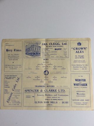 Bury V.  Tranmere Rovers Football Club Programme 1944 Rare 3