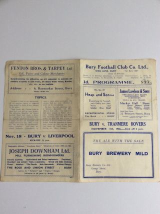 Bury V.  Tranmere Rovers Football Club Programme 1944 Rare 4