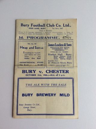 Bury V.  Chester Football Programme 1944 Rare
