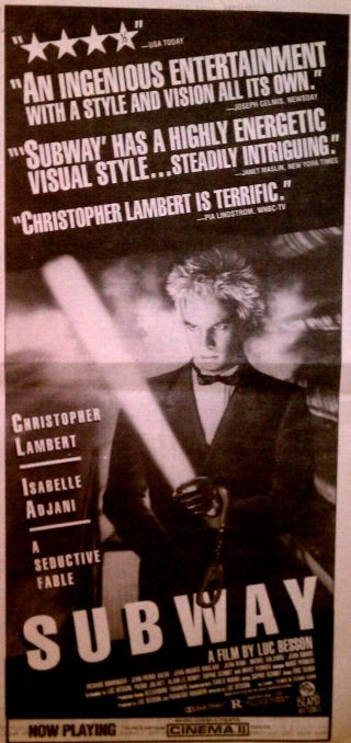 Subway Rare Orig 1985 Nyc Movie Print Ad,  Luc Besson,  Christopher Lambert