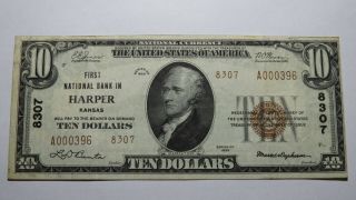 $10 1929 Harper Kansas Ks National Currency Bank Note Bill Ch.  8307 Xf,  Rare