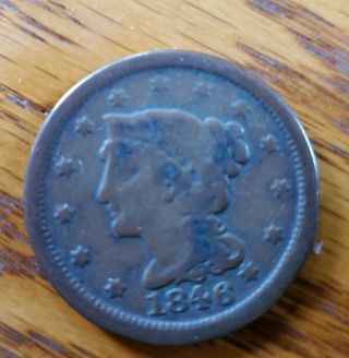 1846 USA Braided Hair Large Cent Chocolate Brown Coin,  Rare Big Penny. 2