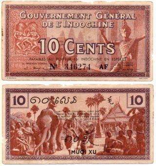 French Indo - China 10 Cents (1939) Pick 85,  Extra Fine Rare