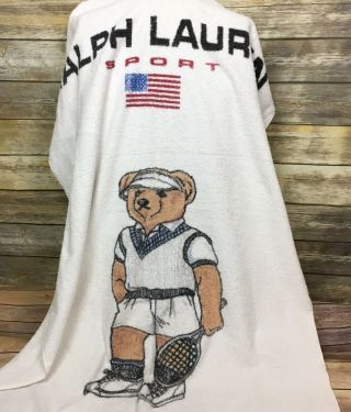 Rare Vintage Ralph Lauren Beach Bath Towel Tennis Sport Polo Bear