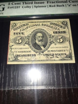 Fr.  1237 Fractional Currency 5 Cent Third Issue Red Back Rare Pmg 50 2