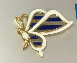 Vintage Signed Crown Trifari Blue White Enamel Striped Butterfly Brooch Pin Rare