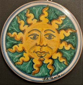 Rare Vintage Rising Sun Majolica Signed Italian Art Pottery Tile Plaque Plate
