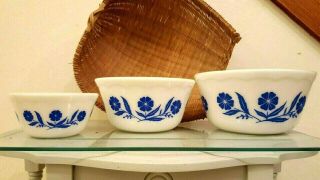 Pyrex Rare Unsigned Milk Glass Mixing Bowls Set Of 3 W/ Blue Flowers/wavy Rims.