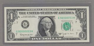 Fancy Middle Zeros Serial 92000053 Rare Barr $1 Note (gh)