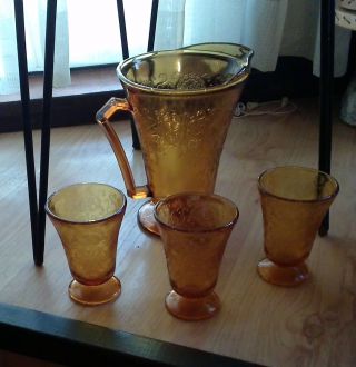 Amber Florentine Pattern Depression Glass Pitcher,  3 Juice Glasses Rare
