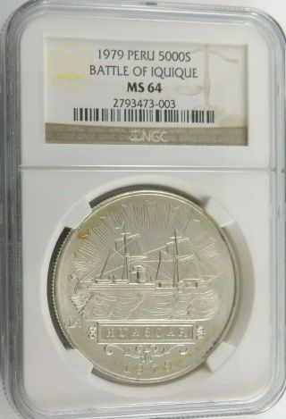 Peru,  1979 Battle Of Iquique 5000 Soles Silver Coin.  Ngc Ms64 Very Rare