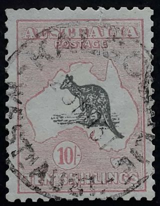 Rare 1929 - Australia 10/ - Grey&pale Pink Kangaroo Stamp Smwmk Kalgoorlie