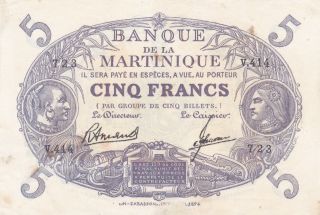 5 Francs Fine Banknote From French Martinique 1934 Pick - 6 Rare