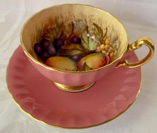 Rare Aynsley Pink & Gold Fruit Orchard Cup & Saucer,  Signed D.  Jones,  1034