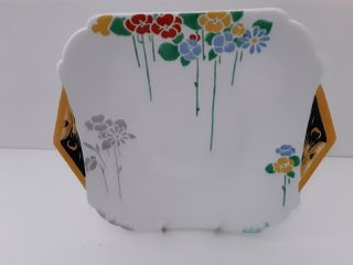 Shelley Art Deco Rare Mode Shape Tab Handle Plate Bright Enameled Flower Design