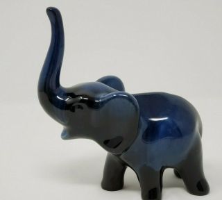 Blue Mountain Pottery Elephant 5 " Tall With Blue Black Glaze Rare Find Trunk Up