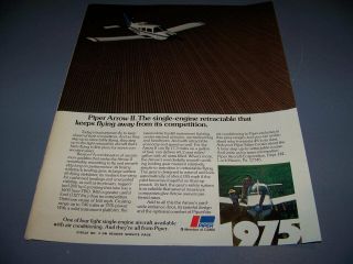 Vintage.  1975 Piper Arrow Ii.  1 - Page Color Sales Ad.  Rare (504t)