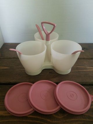 Vintage Tupperware Condiment Caddy Pink & White Complete W/spoons & Covers Rare