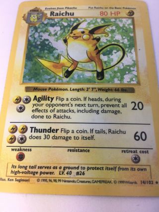 Rare Pokemon Base Set Raichu Shadowless Holographic Card 14/102