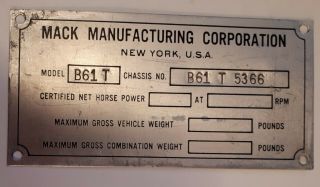 Rare Usa (york) " Mack Manufacturing Corp.  " Model & Chassis No.  Id Plate