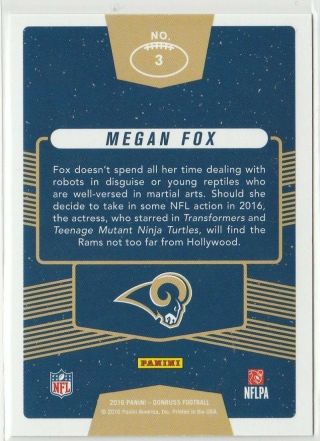 MEGAN FOX RARE HOLO GOLD /100 2016 DONRUSS FANS OF THE GAME LOS ANGELES RAMS 2