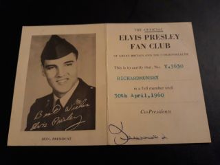 1959 - 1960 Elvis Presley Fan Club Membership Card Stamped 13th May 1959 Army Rare