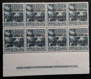 Rare 1935 Samoa Imprint Block Of 8 X 1 1/2d Grey Blue Jubilee Of Kgv Stamps Muh