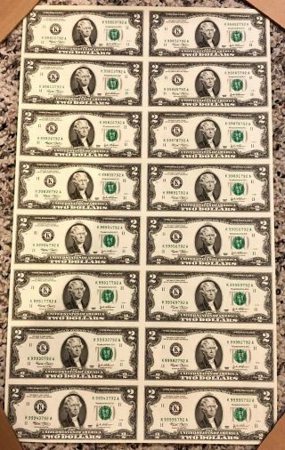 2003 Uncut Currency Sheet 16 $2.  00 Dollar Federal Reserve Notes Rare Ka Block