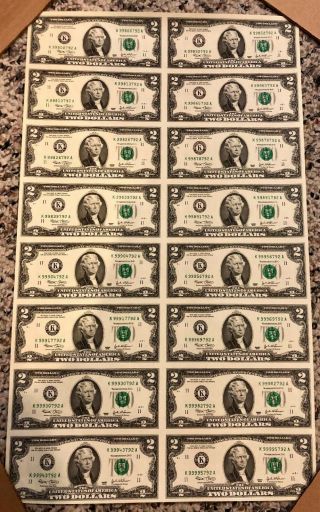 2003 Uncut Currency Sheet 16 $2.  00 dollar Federal Reserve Notes RARE KA block 2