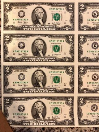 2003 Uncut Currency Sheet 16 $2.  00 dollar Federal Reserve Notes RARE KA block 3