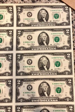 2003 Uncut Currency Sheet 16 $2.  00 dollar Federal Reserve Notes RARE KA block 4