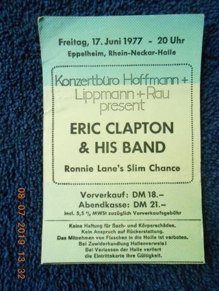 Eric Clapton Mega Rare 1977 Concert Ticket Stub Eppelheim Germany