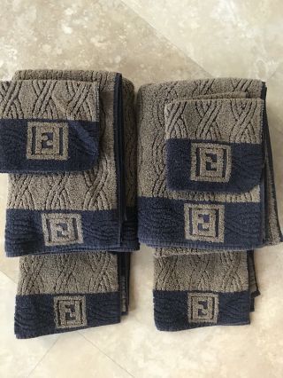 Rare Fendi Logo Brown & Black Textured Towel Complete Set Of 6 Towels