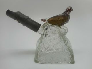Antique Rare Glass Bird On Mount W Pewter Whistle Candy Container Jar