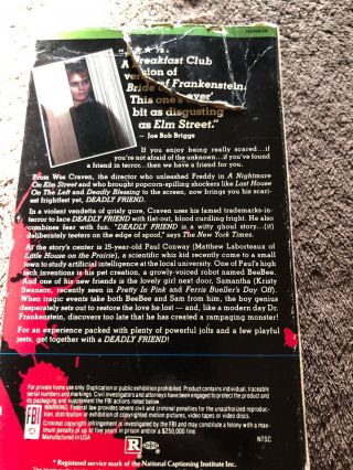 Deadly Friend (VHS,  1987) Rare Horror Wes Craven 2
