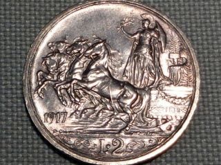 Italy Rare Silver 1917 2 Lire Vittorio Emanuele Iii Horses Roman Quadriga Wwi